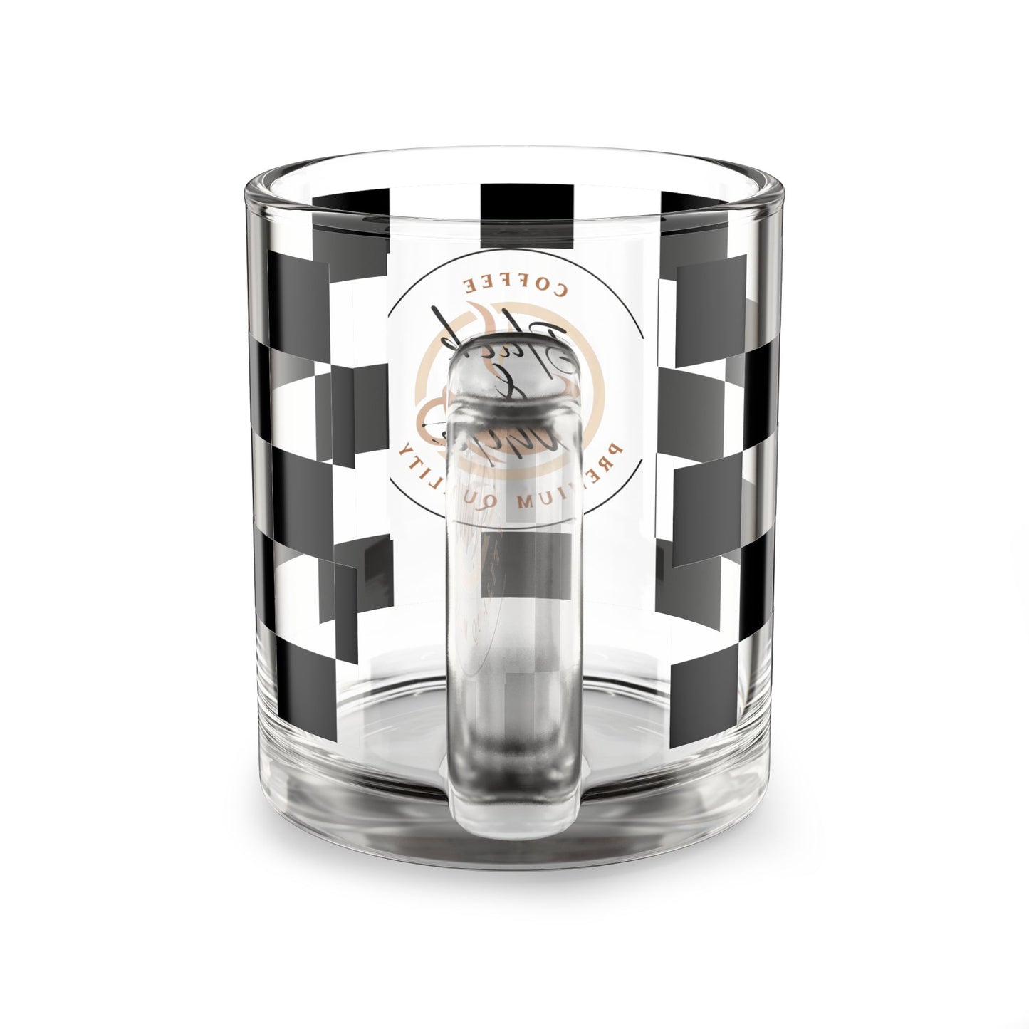 Chic Checkered Glass Mug 10oz with black and white checkered design, clear glass, ergonomic handle, modern coffee cup.