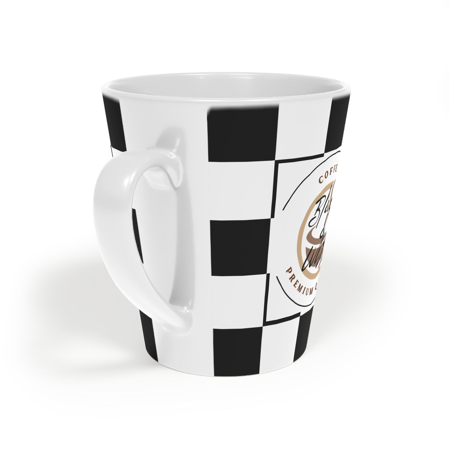Chic Checkered Latte Mug with black and white checkered pattern and coffee graphics, perfect for coffee lovers.