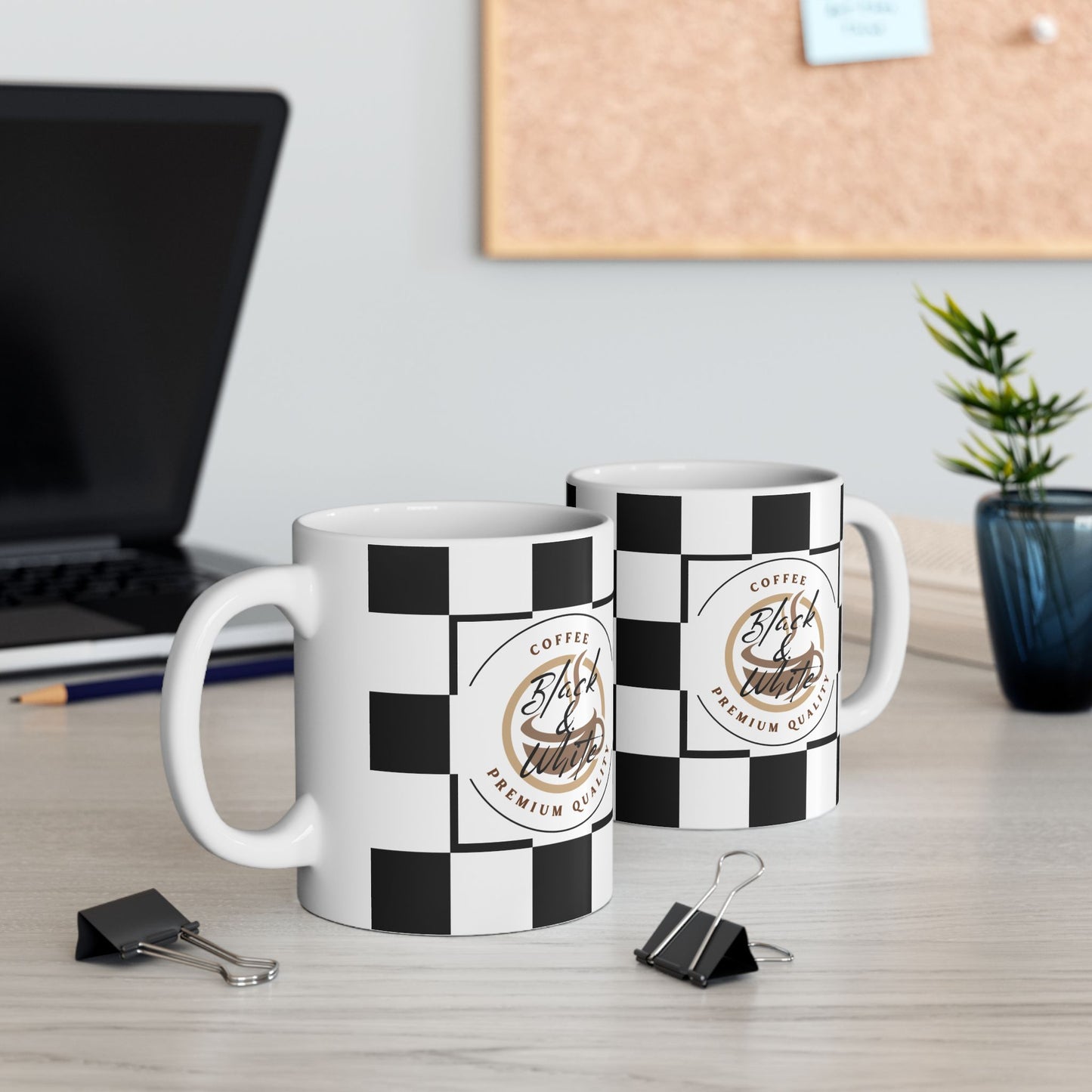 Checkered Ceramic Mug with black and white racing flag design, classic coffee cup for racing fans and unique gift.