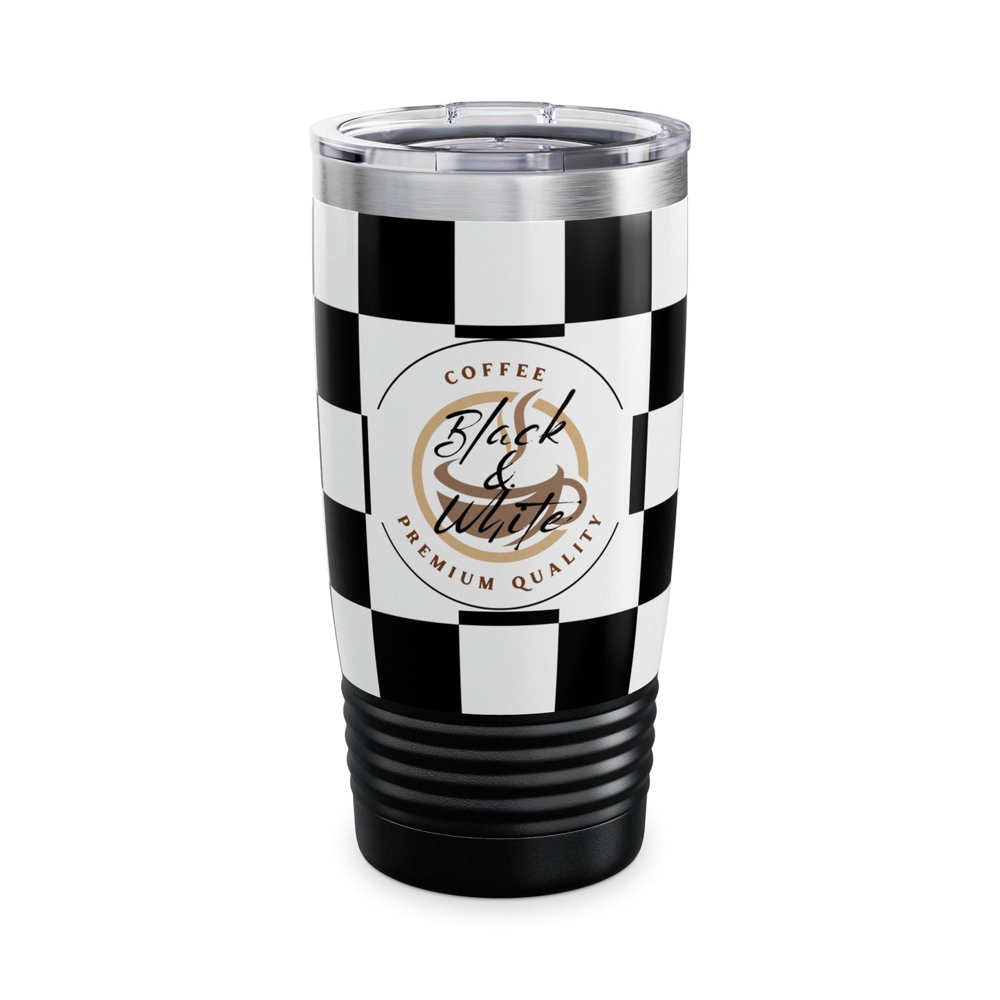 Chic Black & White Checker Print Tumbler 20oz travel mug with ribbed grip and spill-resistant lid for hot and cold drinks