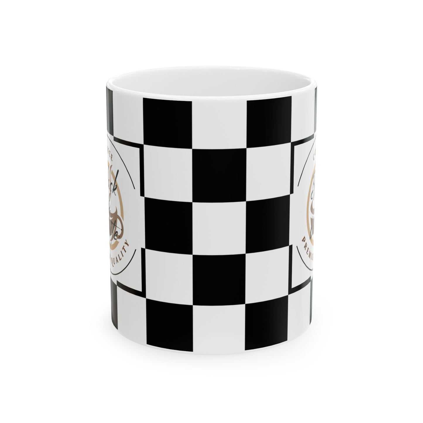 Checkered Ceramic Mug with black and white racing flag design, classic coffee cup for racing fans and unique gift.
