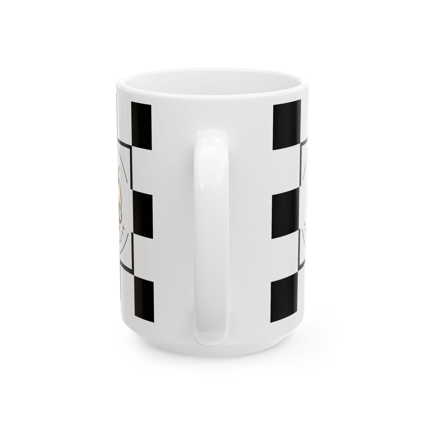 Checkered Ceramic Mug with black and white racing flag design, classic coffee cup for racing fans and gift idea.