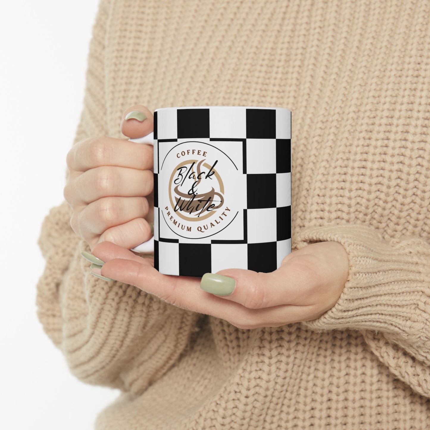 Checkered Ceramic Mug held by hands, black and white checkered design, classic coffee cup for racing fans and gifts.