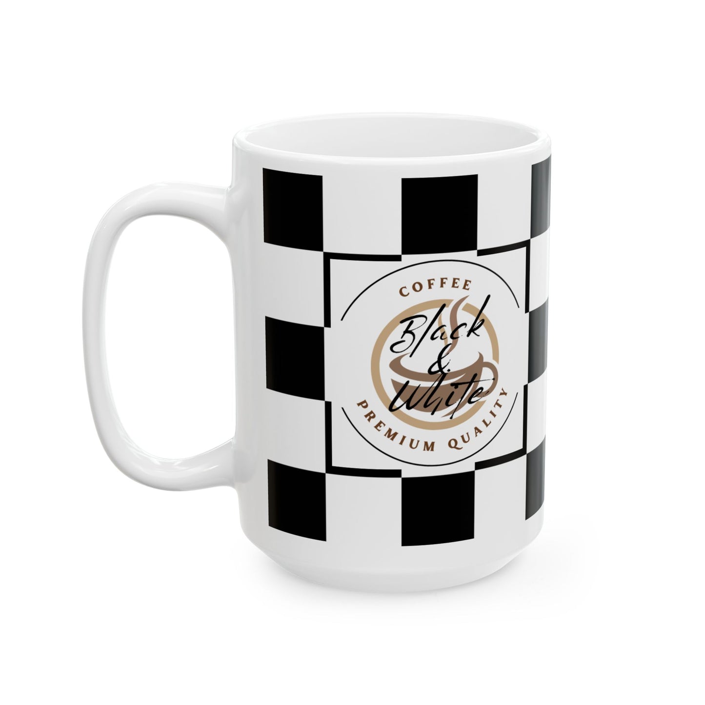 Checkered Ceramic Mug with black and white checkered design and premium quality coffee branding.