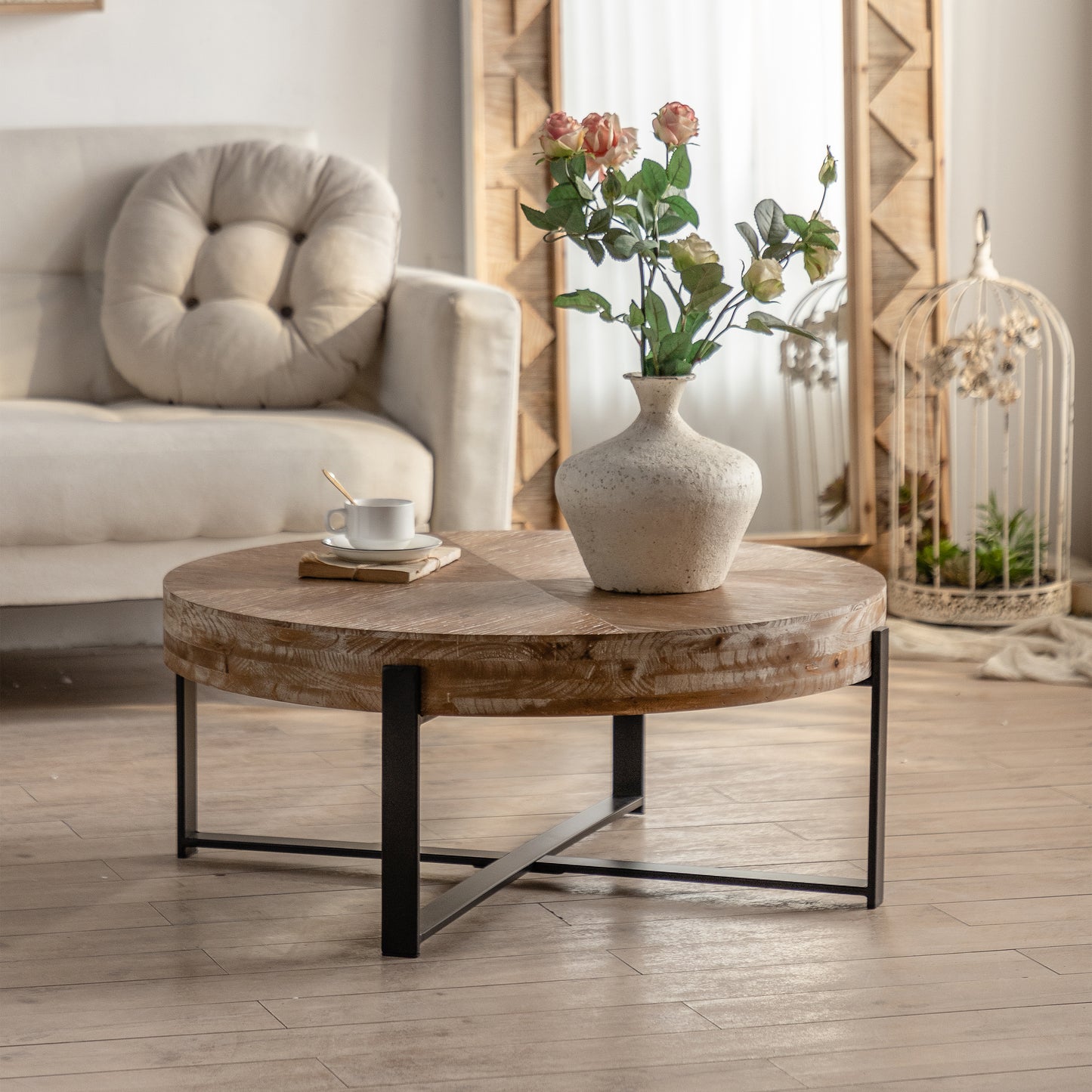 31.29"Modern Retro Splicing Round Coffee Table Fir Wood Table Top with Cross Legs Metal Base