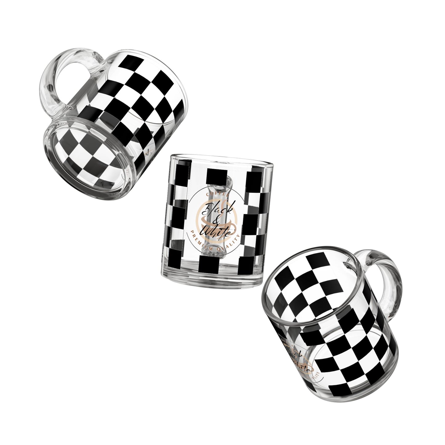 Chic Checkered Glass Mug 10oz with black and white checkered design, clear glass, ergonomic handle, stylish modern drinkware.