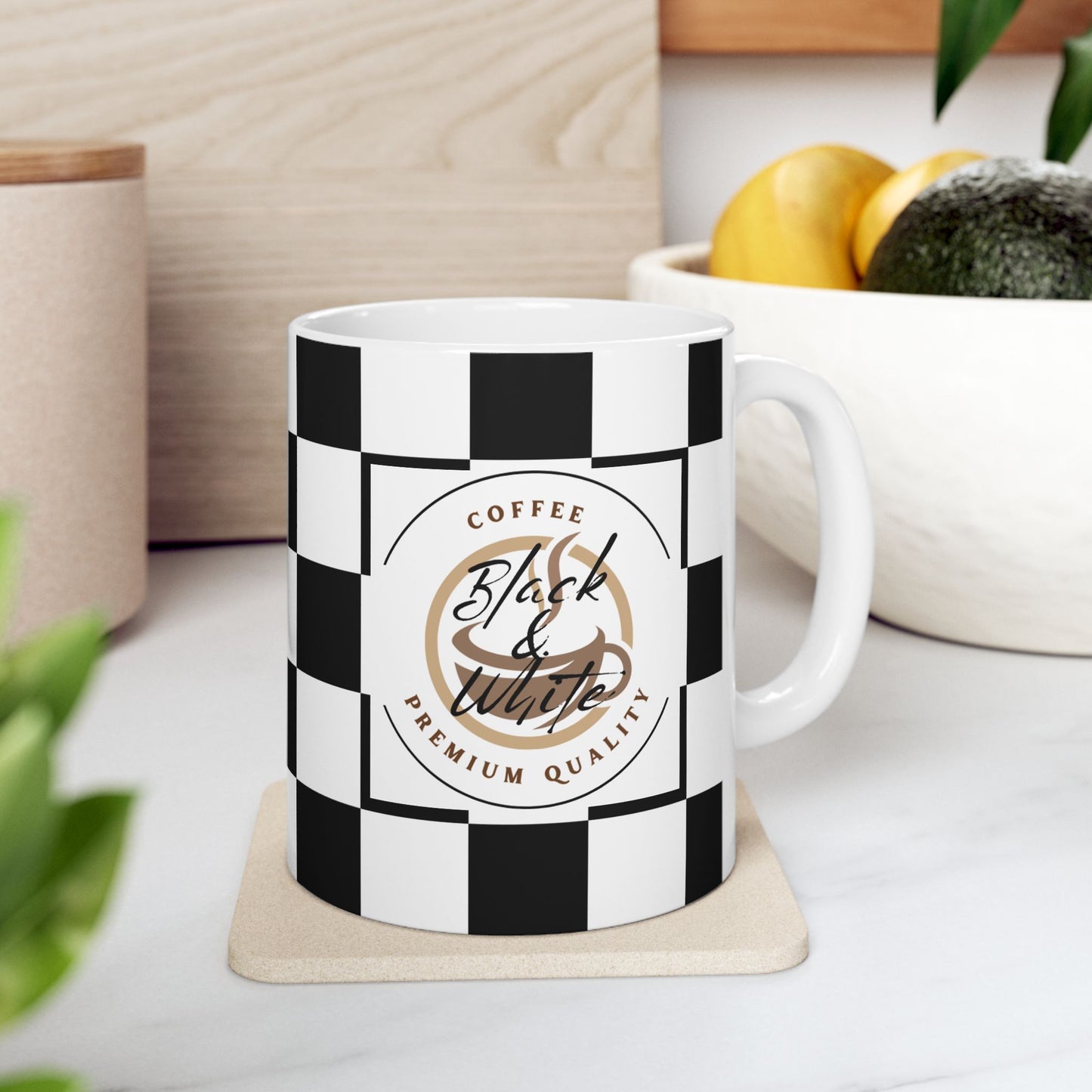 Checkered Ceramic Mug with black and white racing-style squares and premium quality coffee design on front.