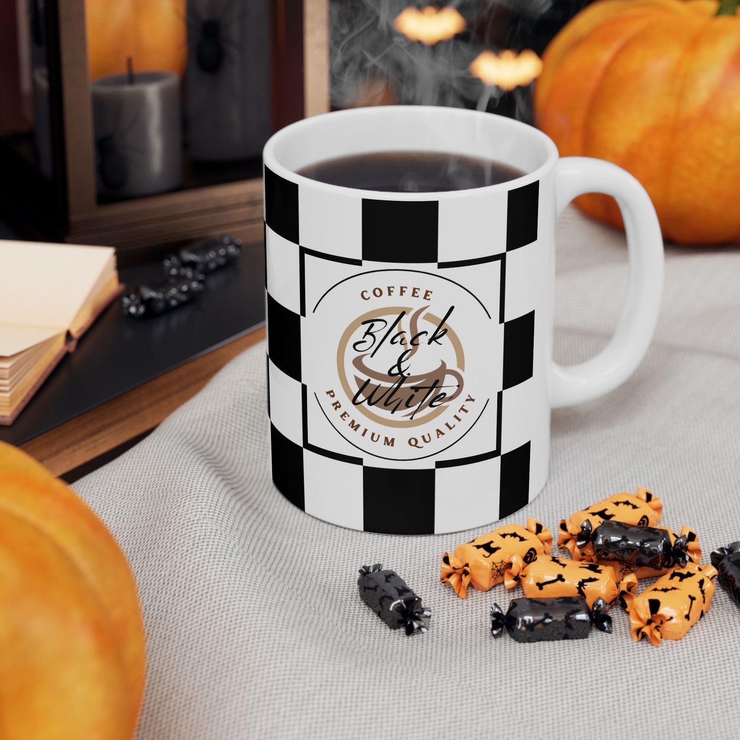Checkered Ceramic Mug featuring black and white design, perfect for racing fans and unique gift occasions.