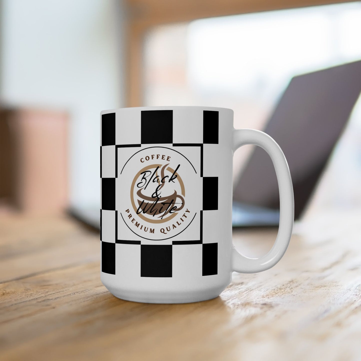 Checkered Ceramic Mug with black and white racing checkered pattern and coffee design on wooden table.