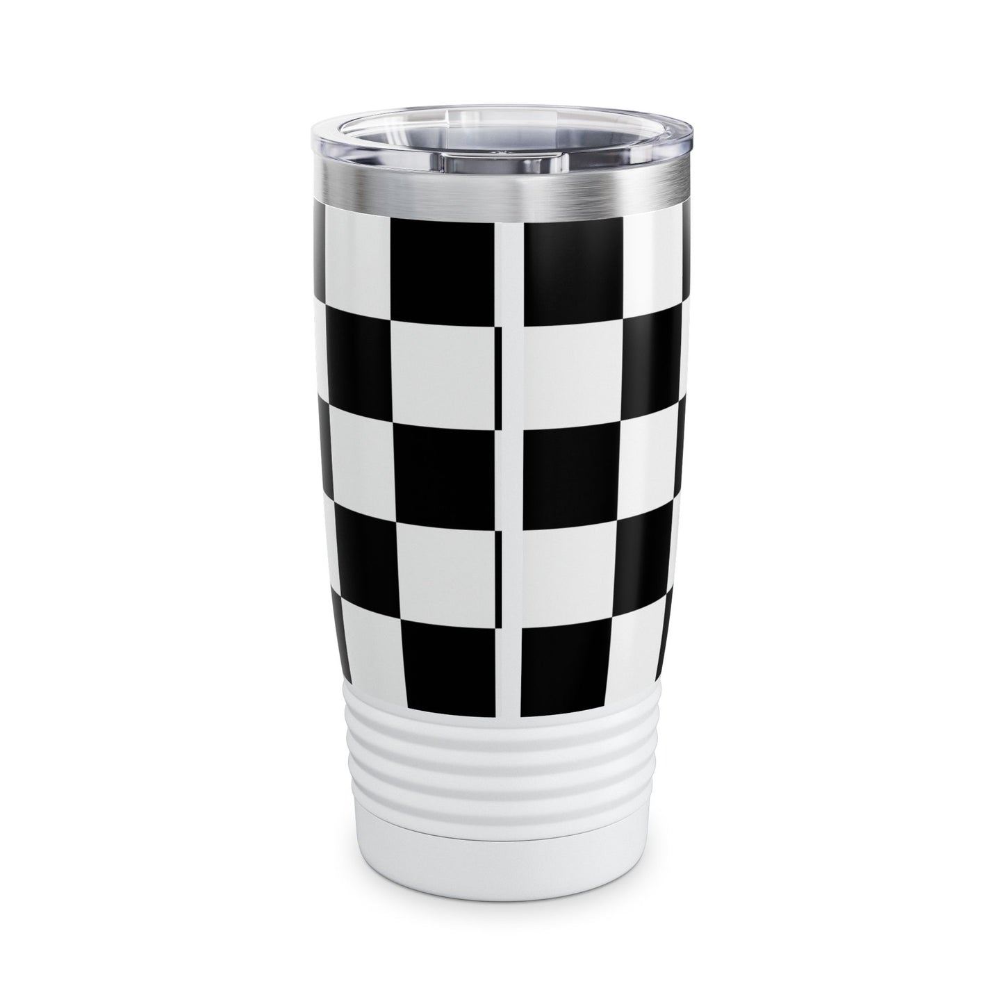 Chic Black & White Checker Print Tumbler 20oz travel mug with ribbed grip and spill-resistant lid for hot or cold drinks.