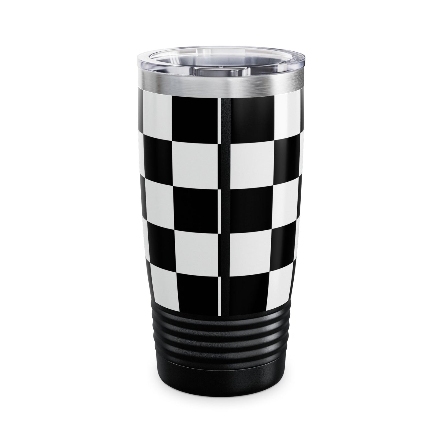 Chic Black & White Checker Print Tumbler 20oz travel mug with ribbed bottom and spill-resistant lid for hot and cold drinks.