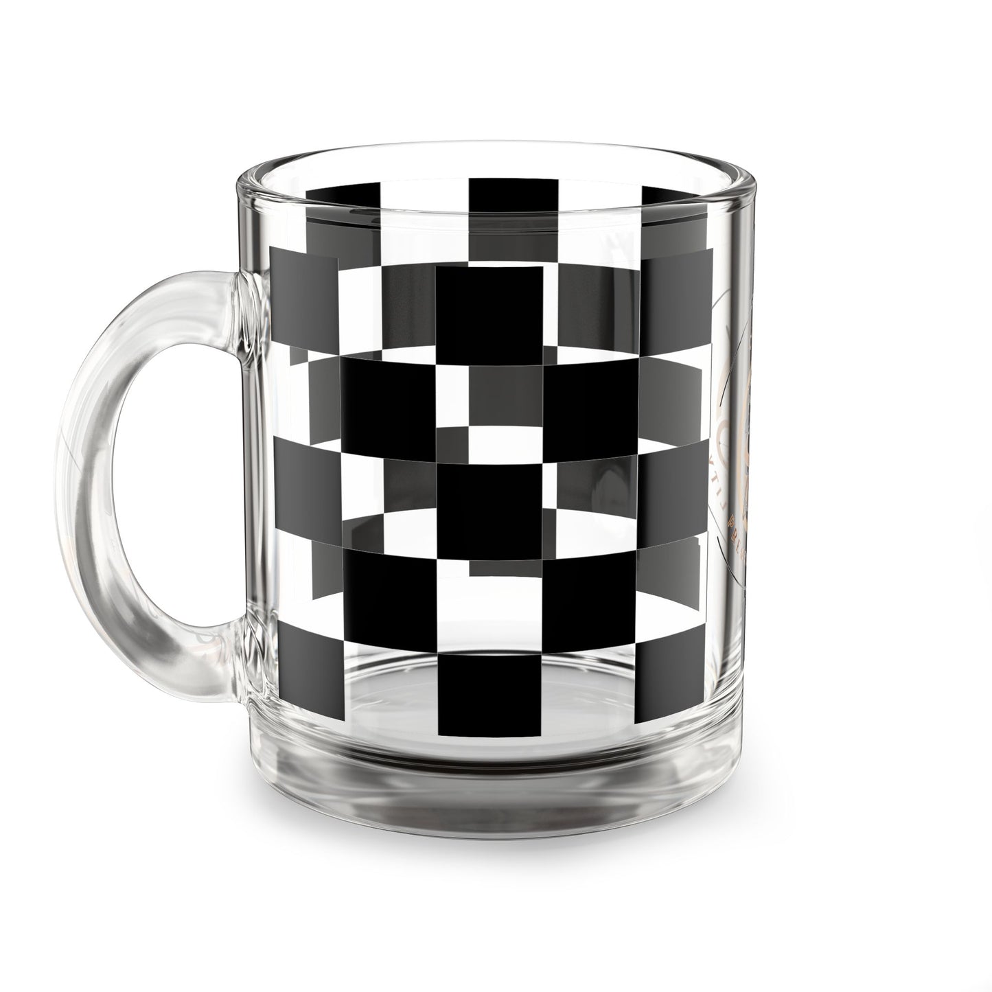 Chic Checkered Glass Mug - 10oz clear glass coffee cup with black and white checkered modern design and ergonomic handle.