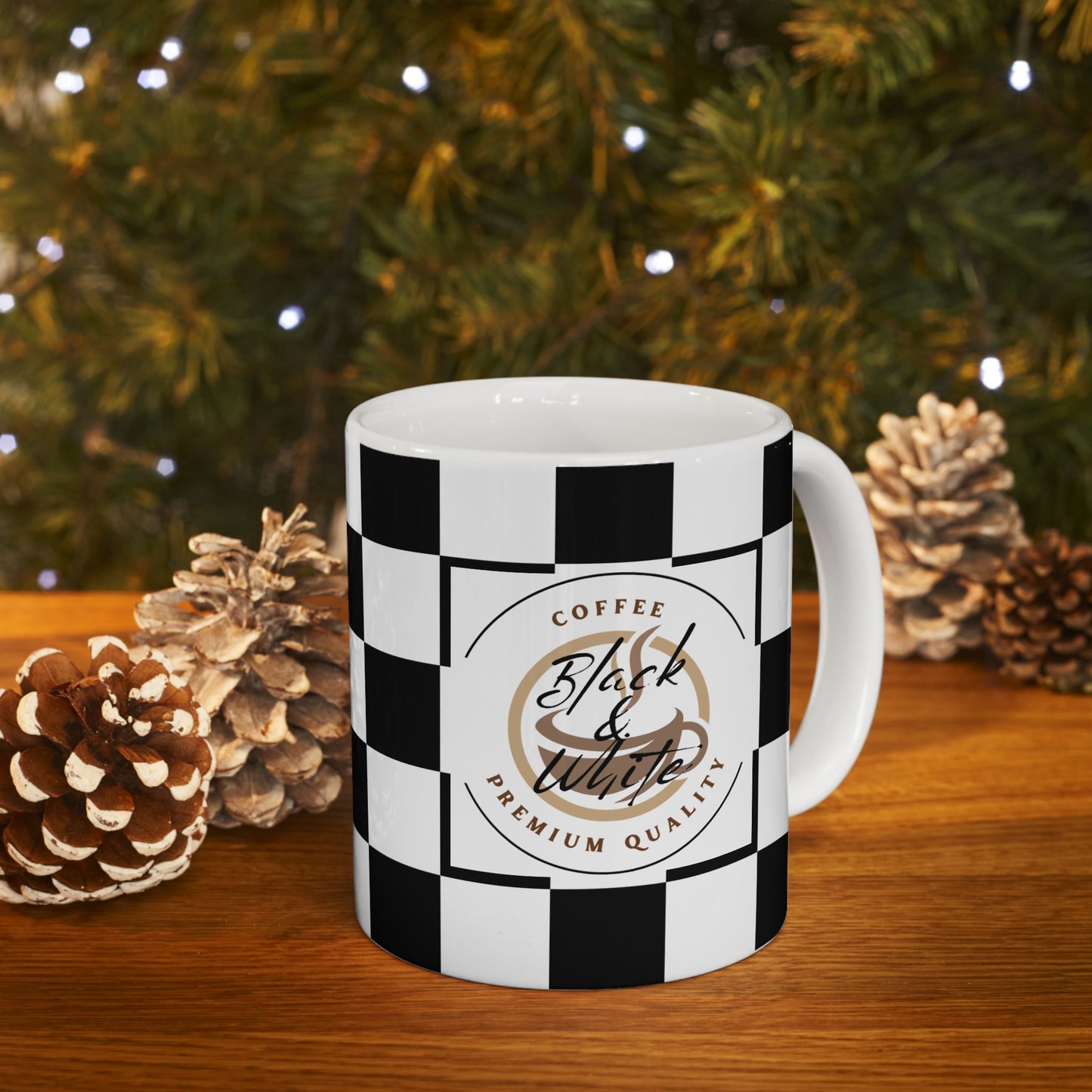 Checkered Ceramic Mug with black and white squares, classic coffee cup for racing fans, ideal gift for celebrations.