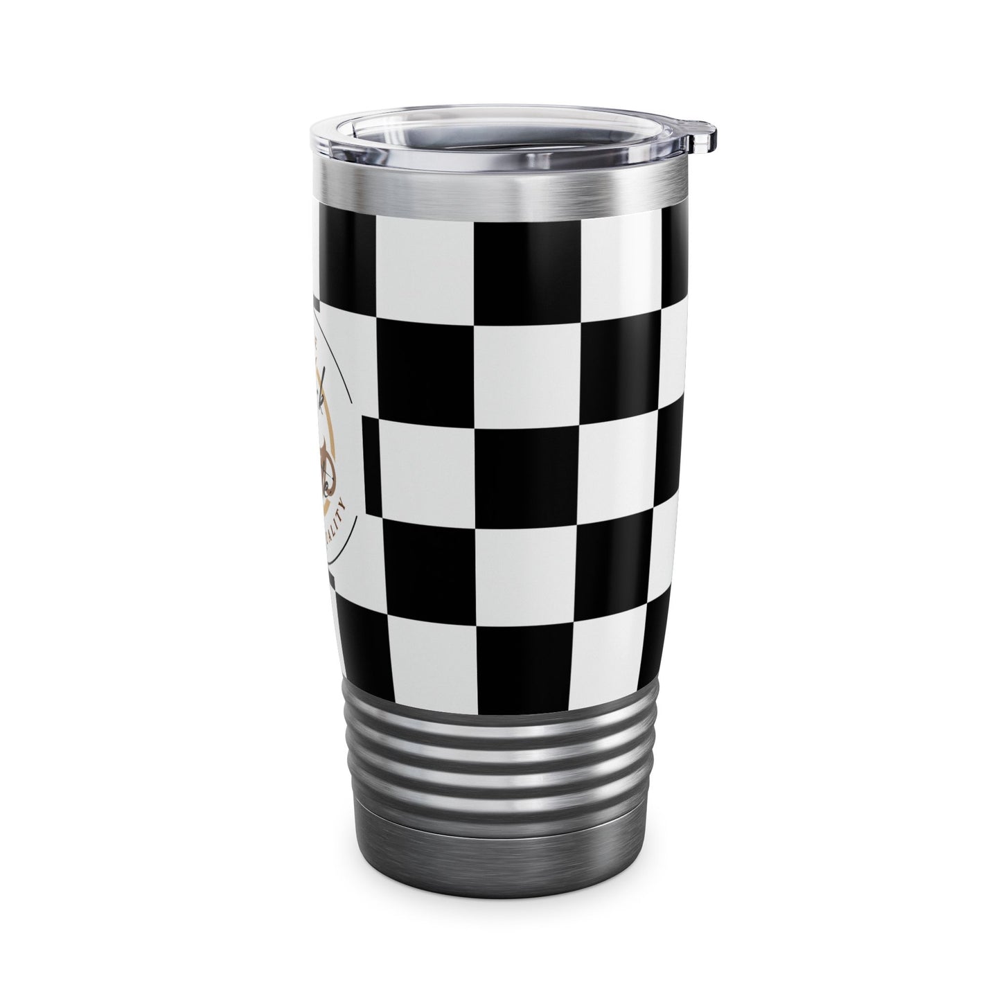 Chic Black & White Checker Print Tumbler 20oz travel mug with spill-resistant lid and ribbed grip base.