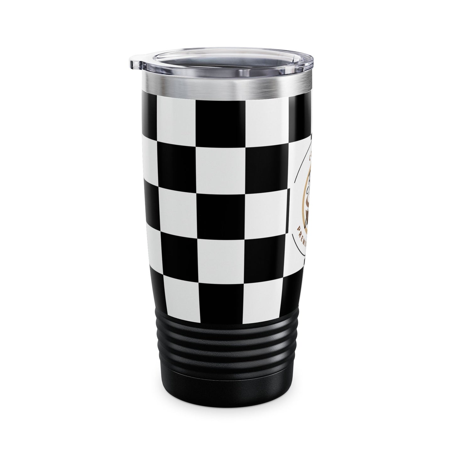 Chic Black & White Checker Print Tumbler 20oz travel mug with ribbed grip, spill-resistant lid, and double-wall insulation.