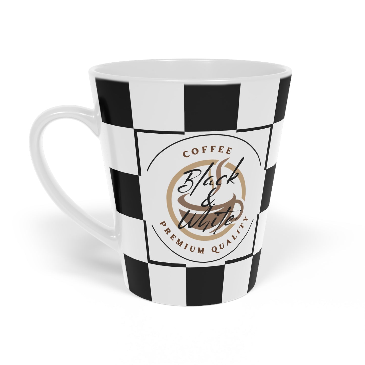 Chic Checkered Latte Mug with black and white checkered pattern and coffee-themed graphic on white ceramic cup.