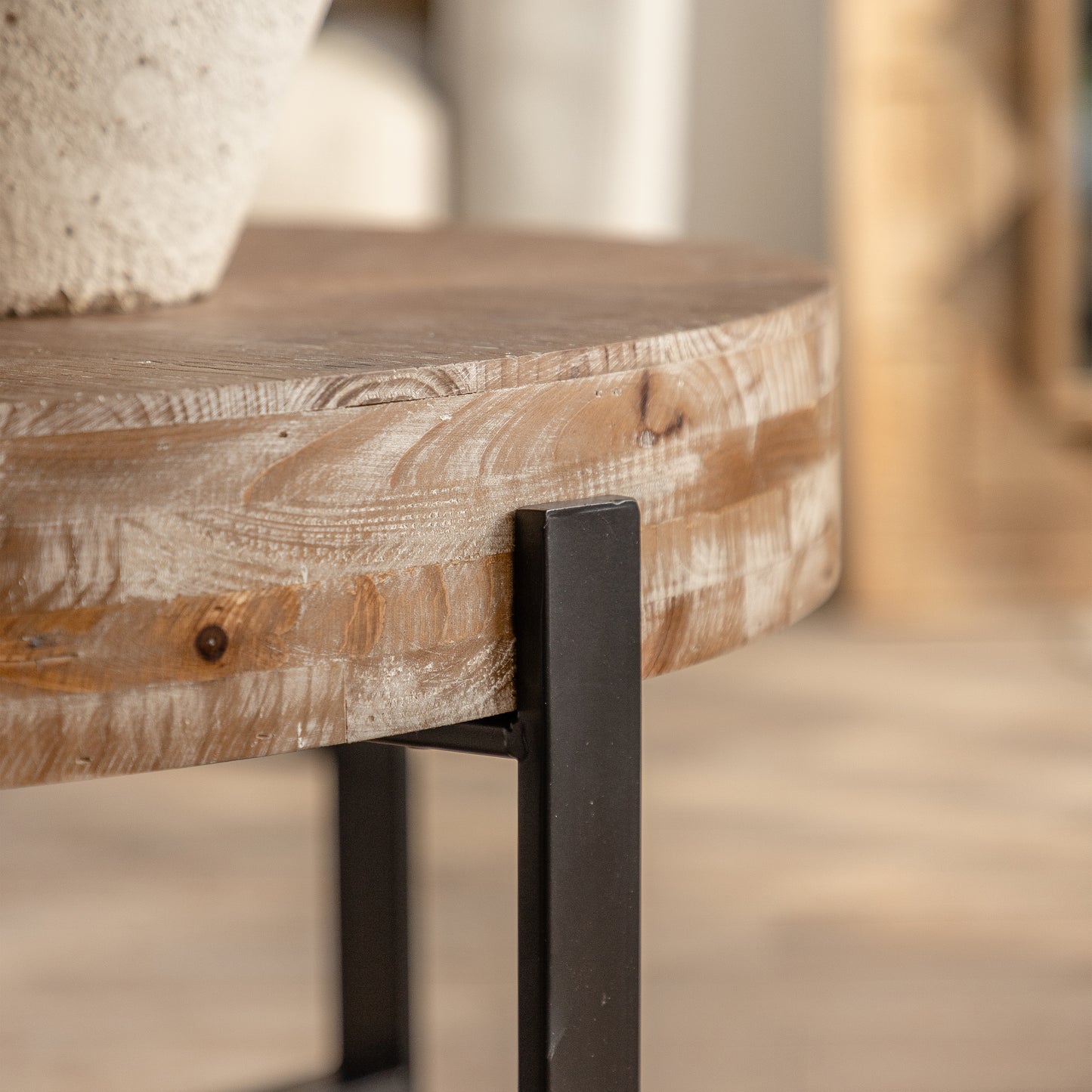 31.29"Modern Retro Splicing Round Coffee Table Fir Wood Table Top with Cross Legs Metal Base