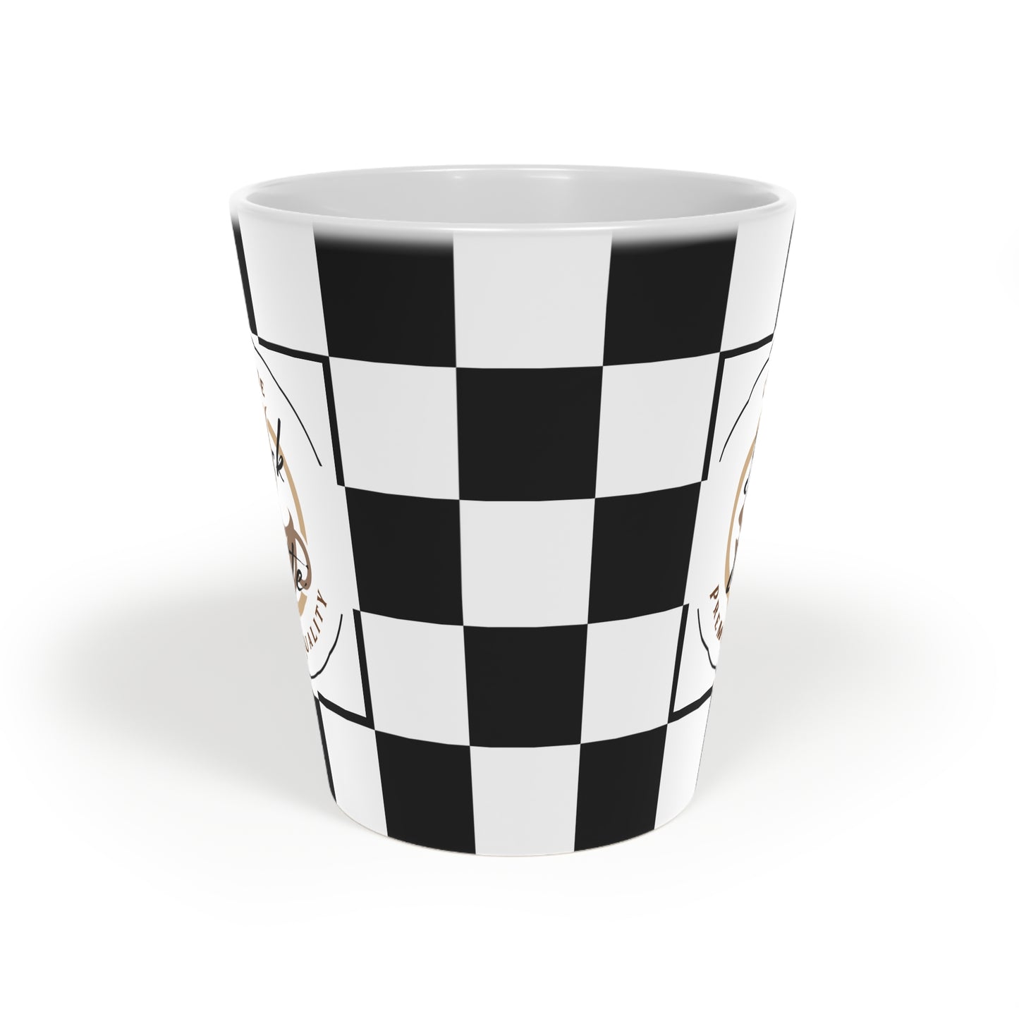 Chic Checkered Latte Mug with bold black and white checkered pattern, stylish coffee cup for baristas and coffee lovers.