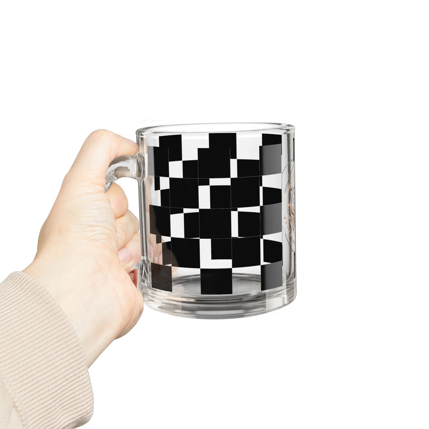 Chic Checkered Glass Mug 10oz held by hand, featuring a black and white modern checkered design.