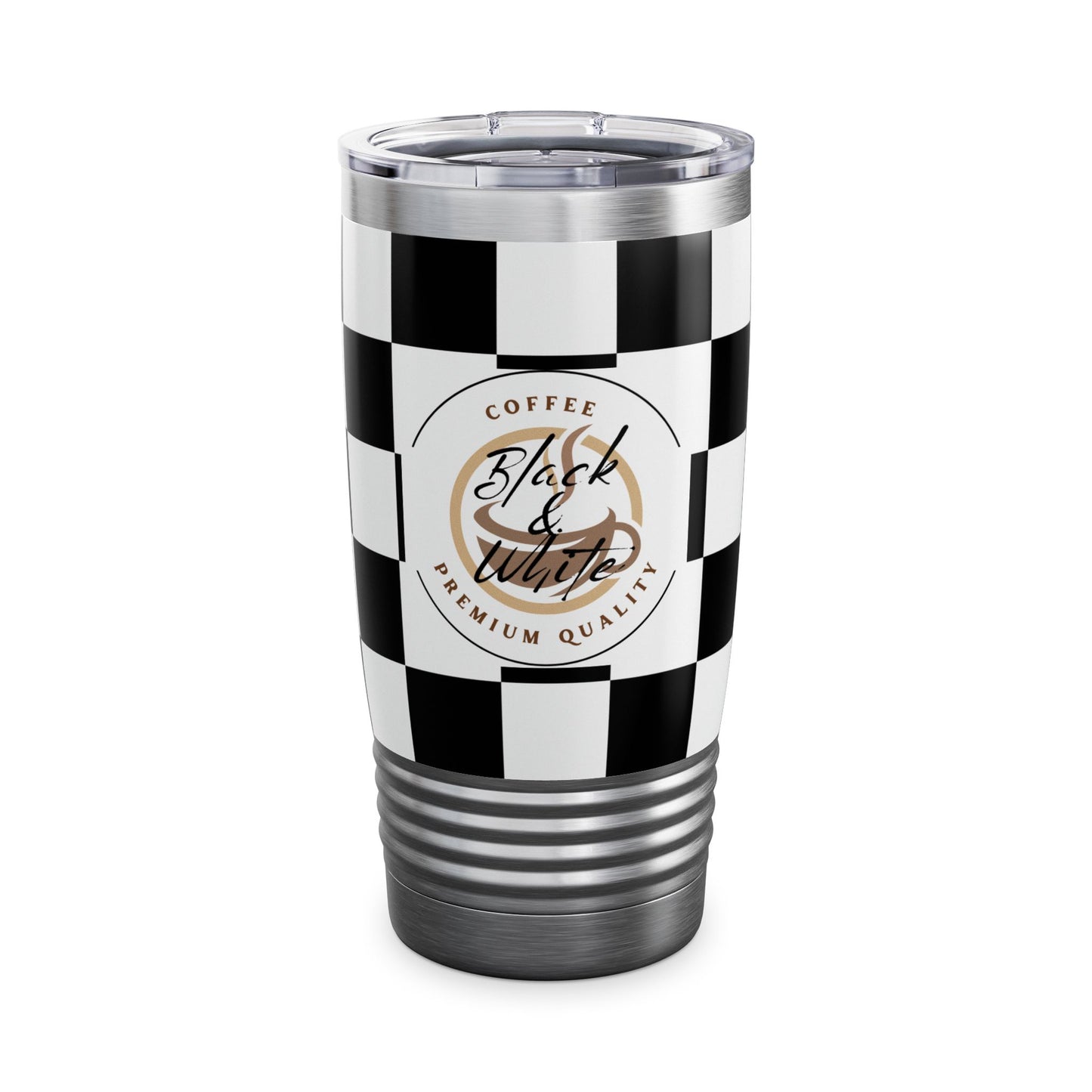 Chic Black & White Checker Print Tumbler 20oz travel mug with ribbed bottom and spill-resistant lid