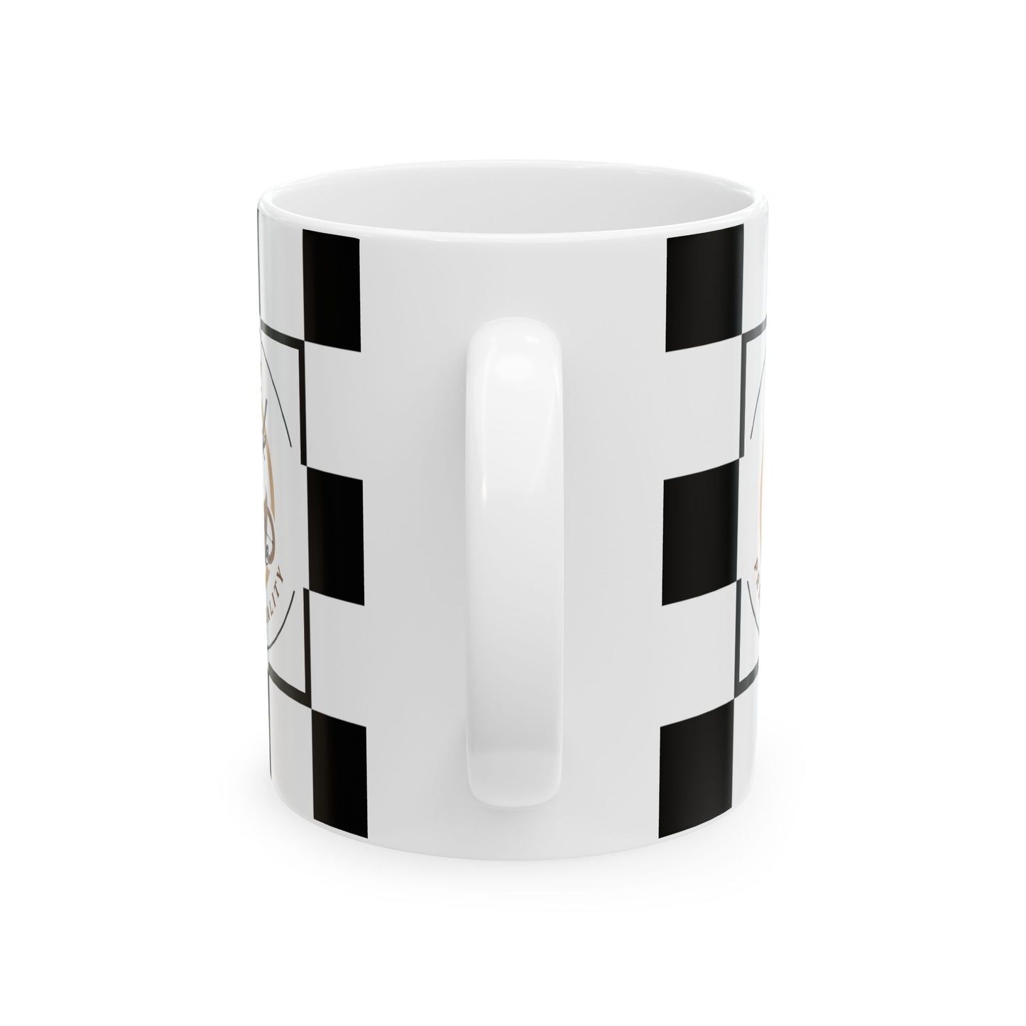 Checkered Ceramic Mug with classic racing flag design, glossy finish, perfect coffee cup for racing fans and unique gift.