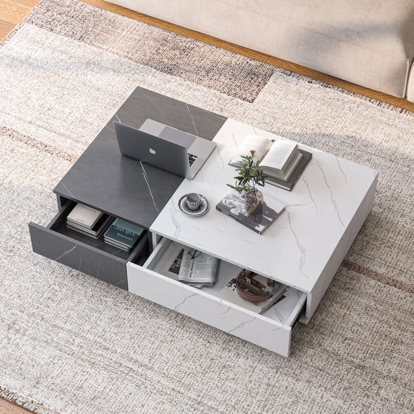 Modern style black and white coffee table with two storage spaces