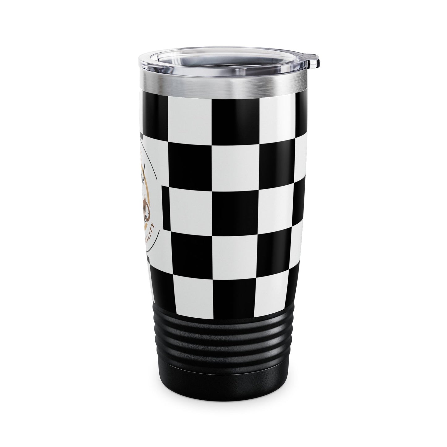 Chic Black & White Checker Print Tumbler 20oz travel mug with spill-resistant lid and ribbed bottom for grip.
