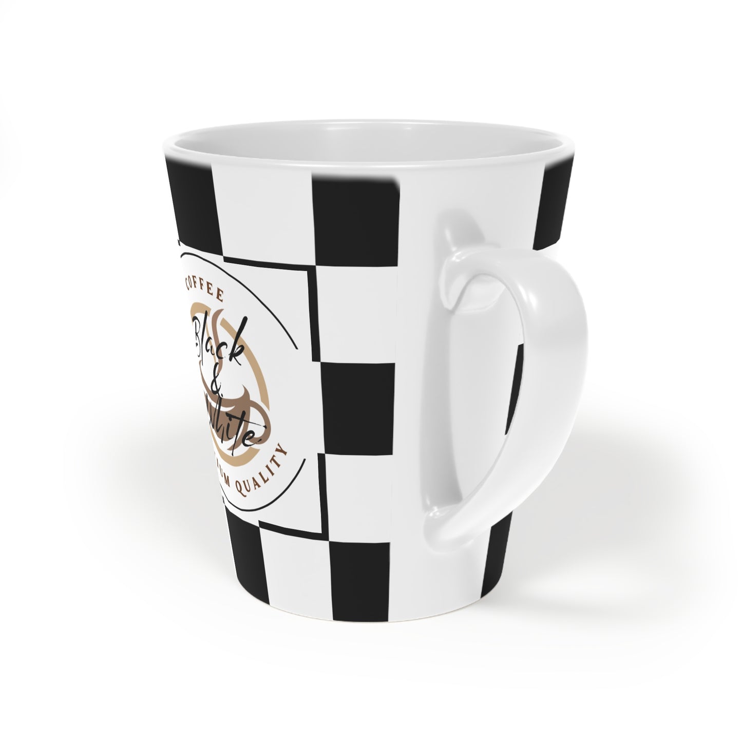 Chic Checkered Latte Mug with black and white checkered pattern and coffee-themed logo, 12oz ceramic coffee cup.