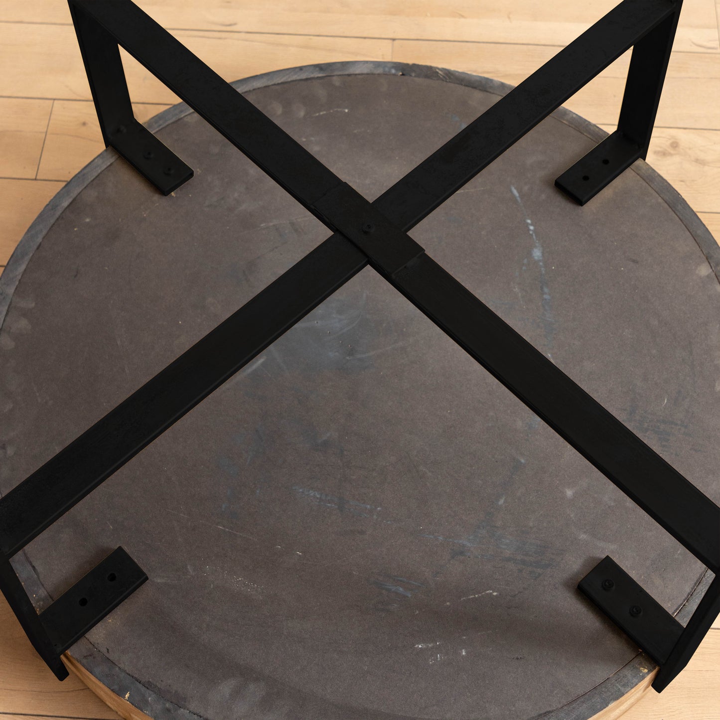 31.29"Modern Retro Splicing Round Coffee Table Fir Wood Table Top with Cross Legs Metal Base