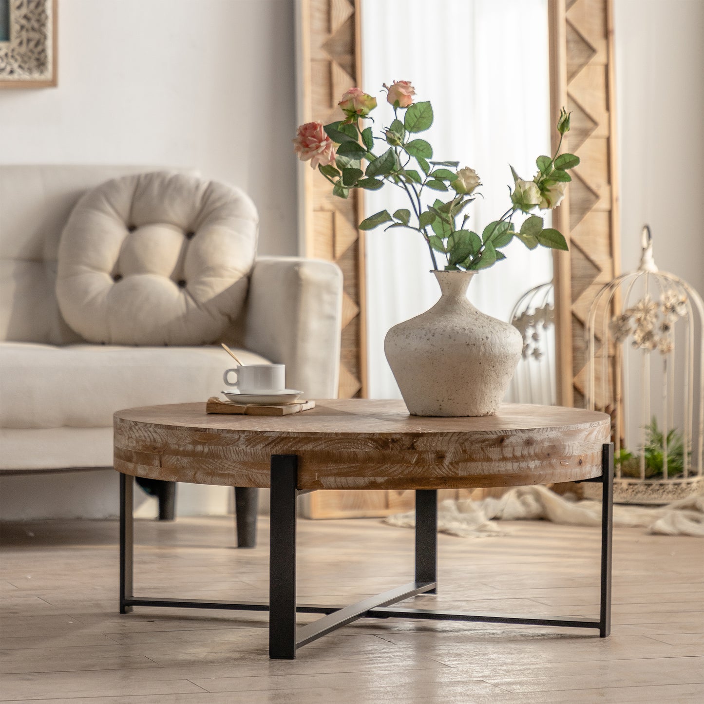 31.29"Modern Retro Splicing Round Coffee Table Fir Wood Table Top with Cross Legs Metal Base
