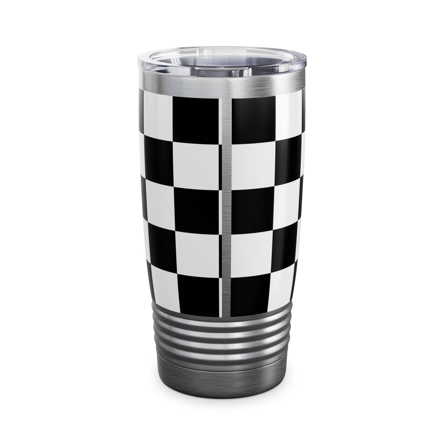 Chic Black & White Checker Print Tumbler 20oz travel mug with ribbed grip and spill-resistant lid for hot or cold drinks.