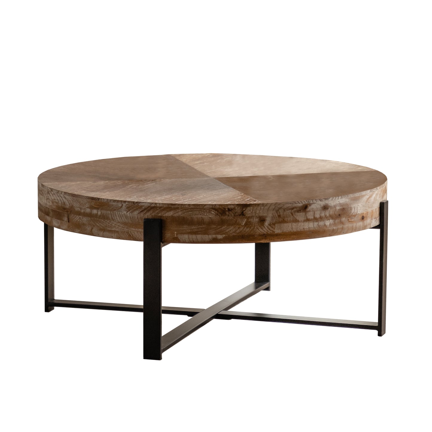 31.29"Modern Retro Splicing Round Coffee Table Fir Wood Table Top with Cross Legs Metal Base