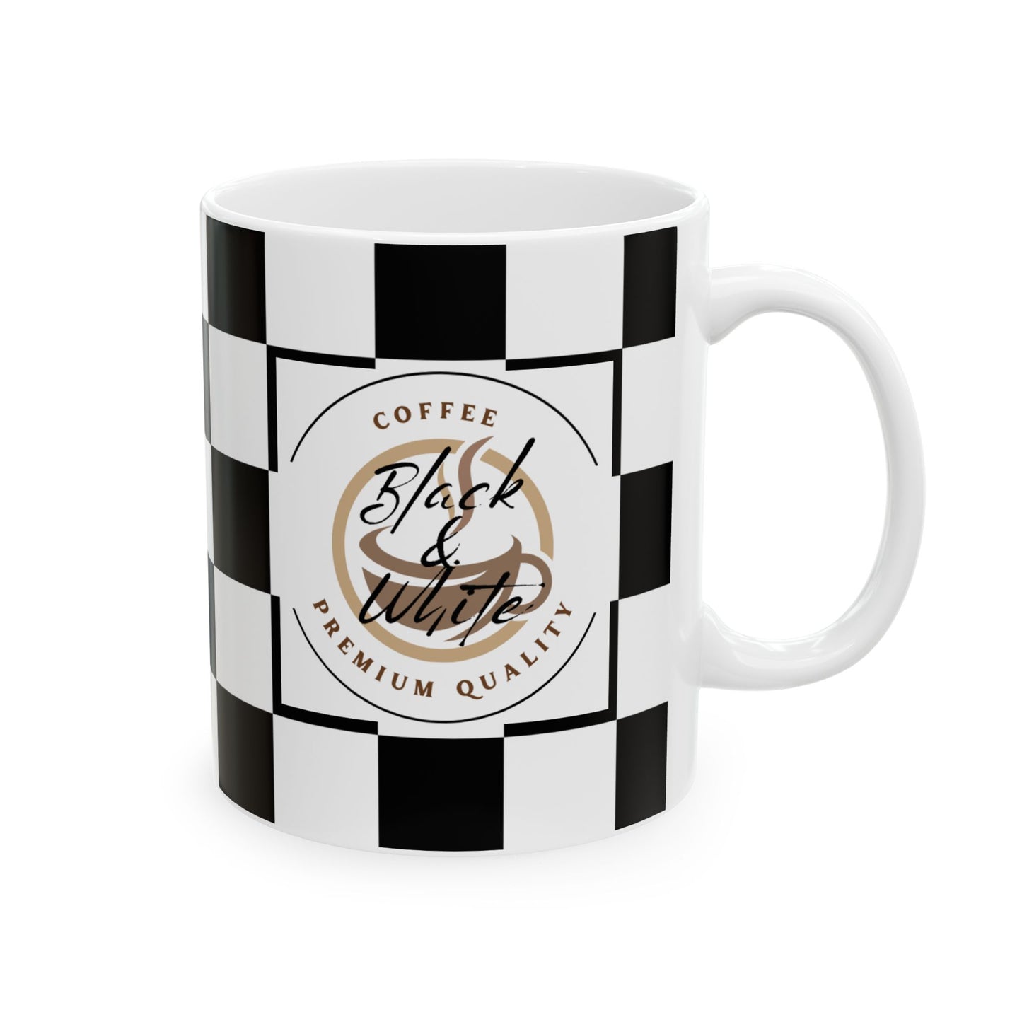 Checkered Ceramic Mug with black and white racing design and premium coffee quality text, perfect for racing fans.