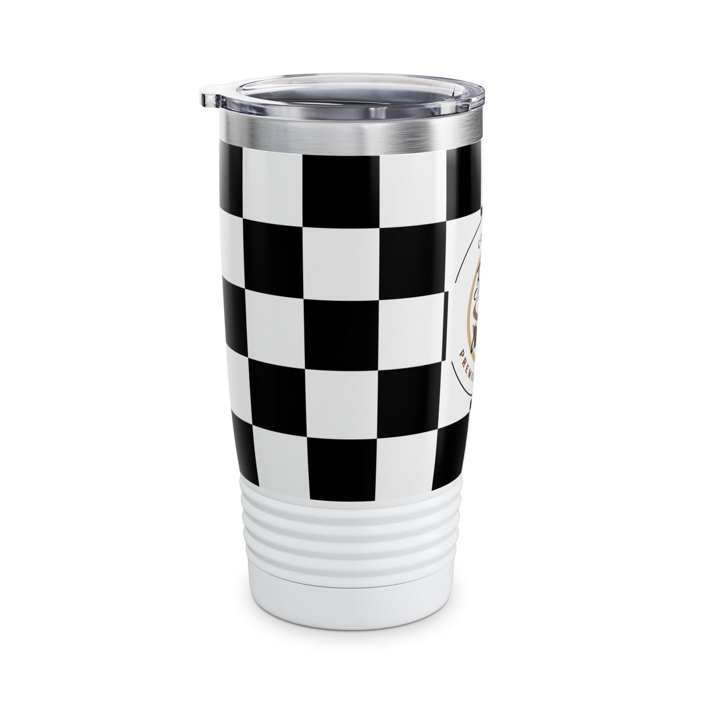 Chic Black & White Checker Print Tumbler 20oz Travel Mug with ribbed grip and clear spill-resistant lid.