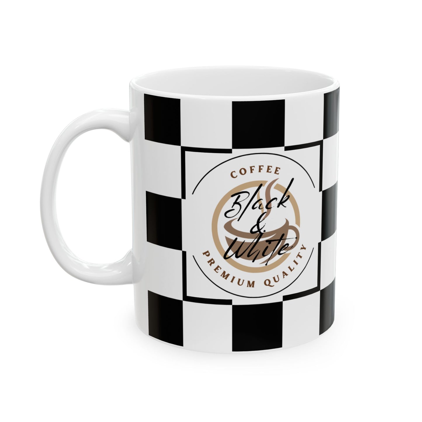 Checkered Ceramic Mug featuring black and white squares with "Black & White Coffee Premium Quality" design.