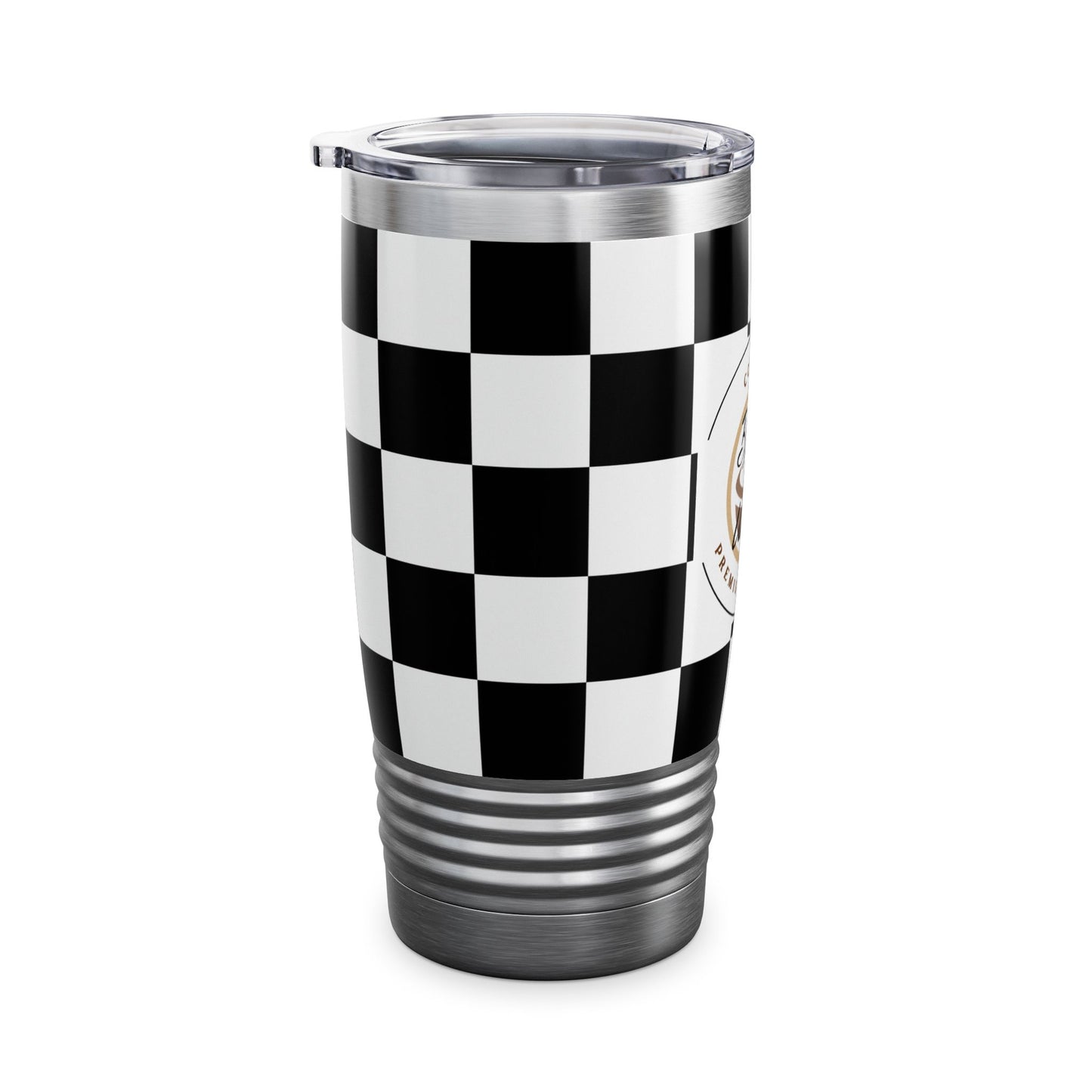 Chic Black & White Checker Print Tumbler 20oz travel mug with ribbed grip and spill-resistant lid for hot or cold drinks.