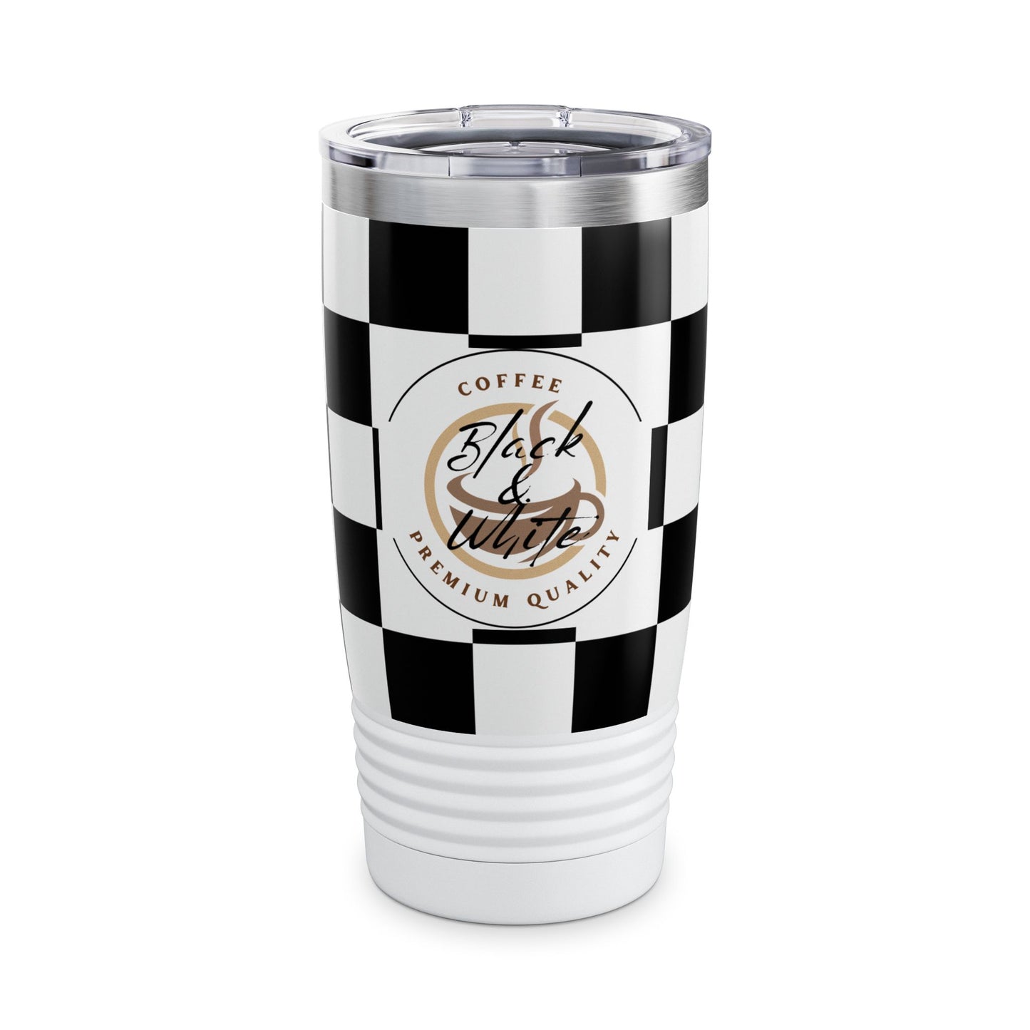 Chic Black & White Checker Print Tumbler 20oz travel mug with ribbed bottom and spill-resistant lid.