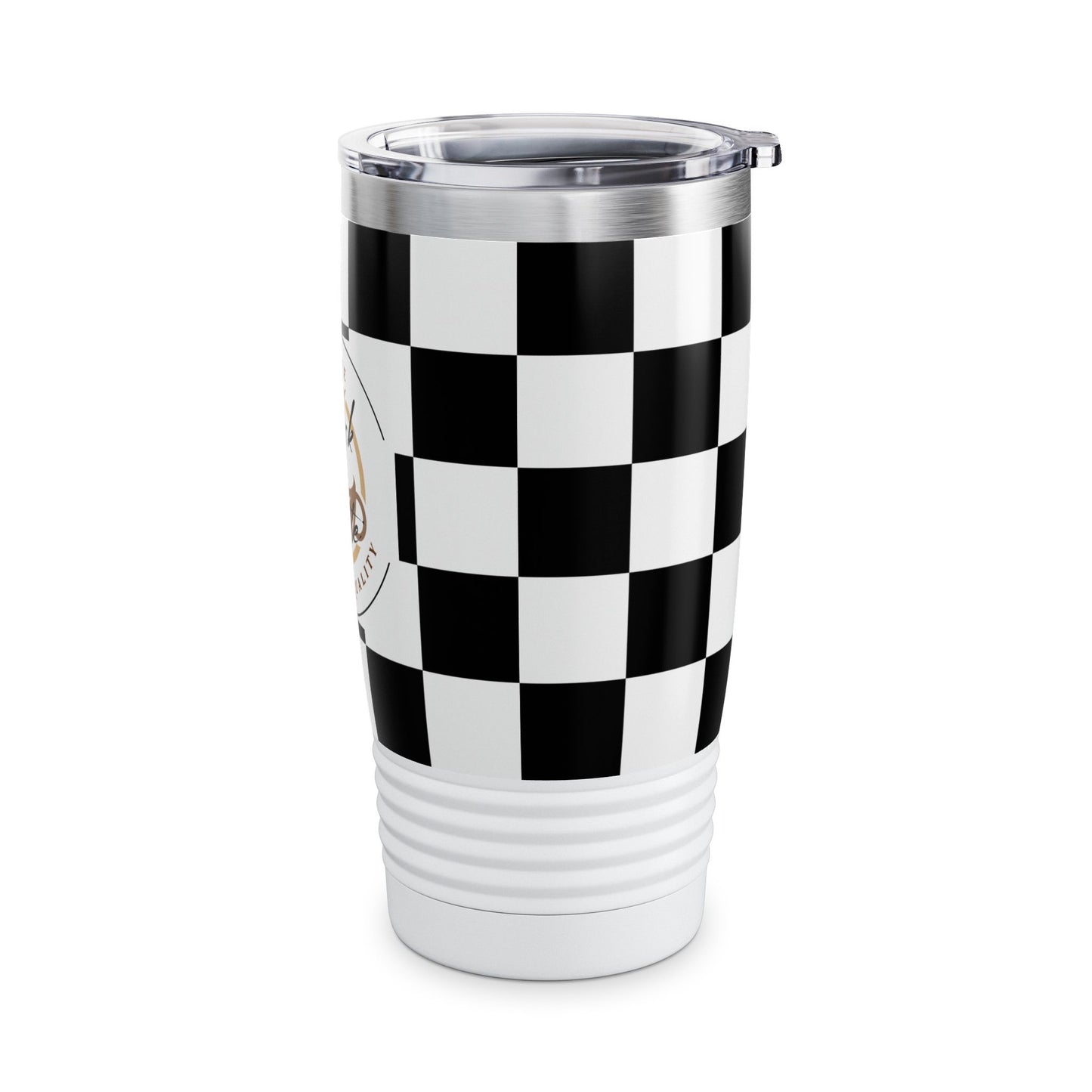 Chic Black & White Checker Print Tumbler 20oz travel mug with spill-resistant lid and double-wall insulation