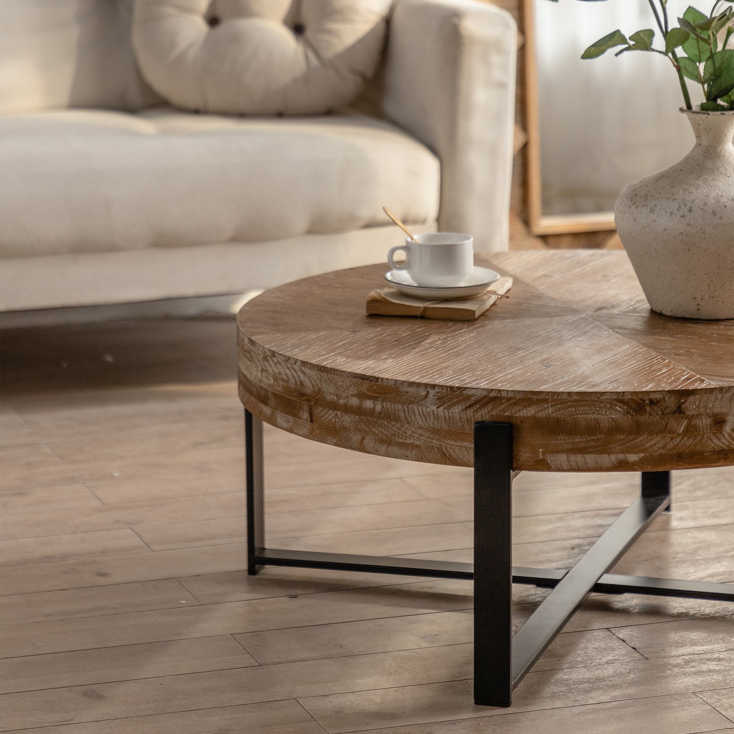 31.29"Modern Retro Splicing Round Coffee Table Fir Wood Table Top with Cross Legs Metal Base