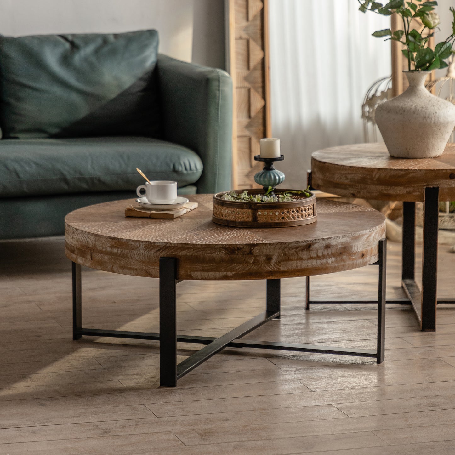 31.29"Modern Retro Splicing Round Coffee Table Fir Wood Table Top with Cross Legs Metal Base
