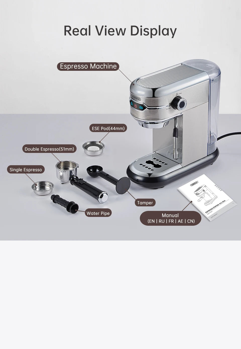 HiBREW Coffee Maker Cafetera 20 Bar Inox Semi Automatic Super Slim ESE POD& Powder Espresso Cappuccino Machine Hot Water H11