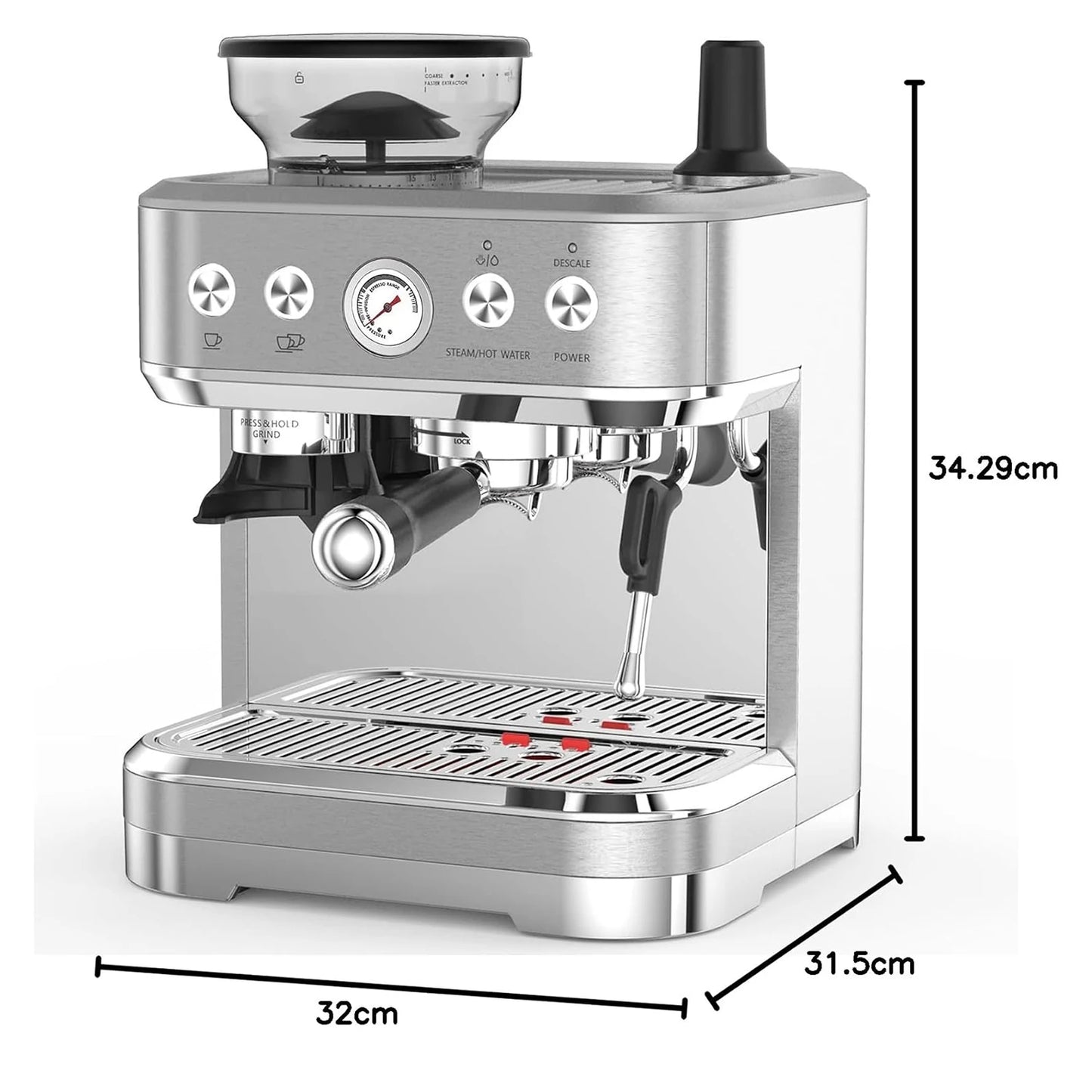 Espresso Machine with Milk Frother and Grinder, 15 Bar Automatic Espresso Coffee Machine All In One Coffee Maker