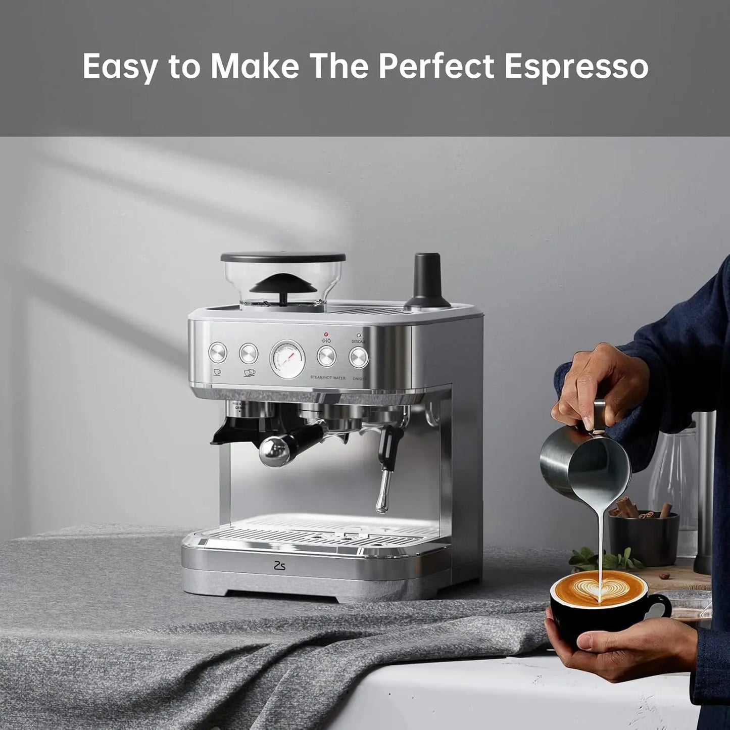 Espresso Machine with Milk Frother and Grinder, 15 Bar Automatic Espresso Coffee Machine All In One Coffee Maker