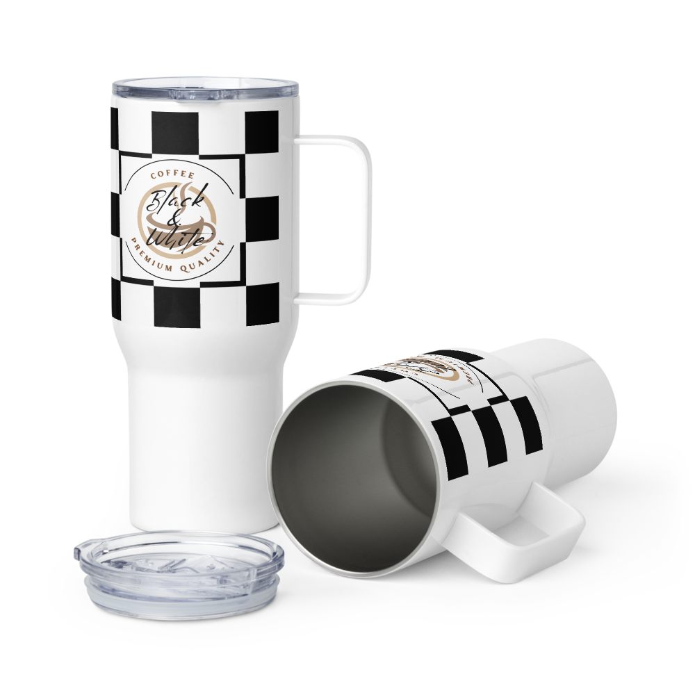 Black and White Travel Coffee Mug with Handle – Insulated Reusable Tumbler for Hot and Cold Drinks