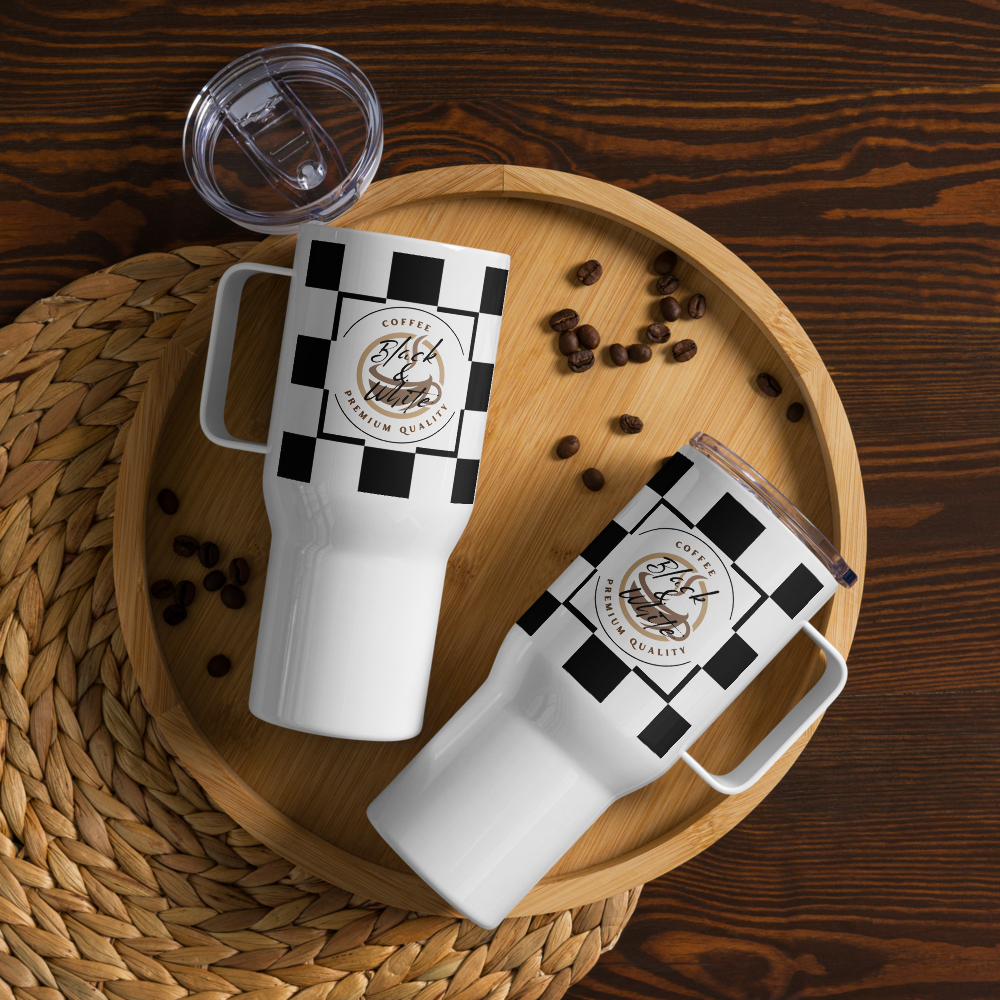 Black and White Travel Coffee Mug with Handle – Insulated Reusable Tumbler for Hot and Cold Drinks