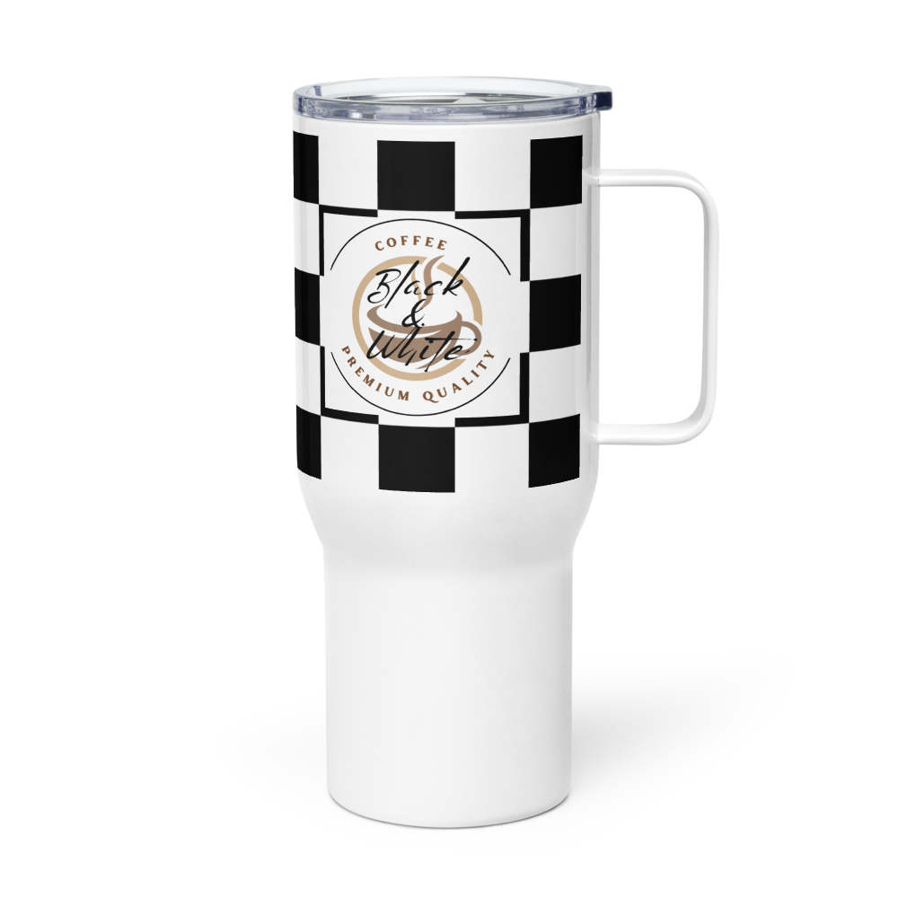 Black and White Travel Coffee Mug with Handle – Insulated Reusable Tumbler for Hot and Cold Drinks