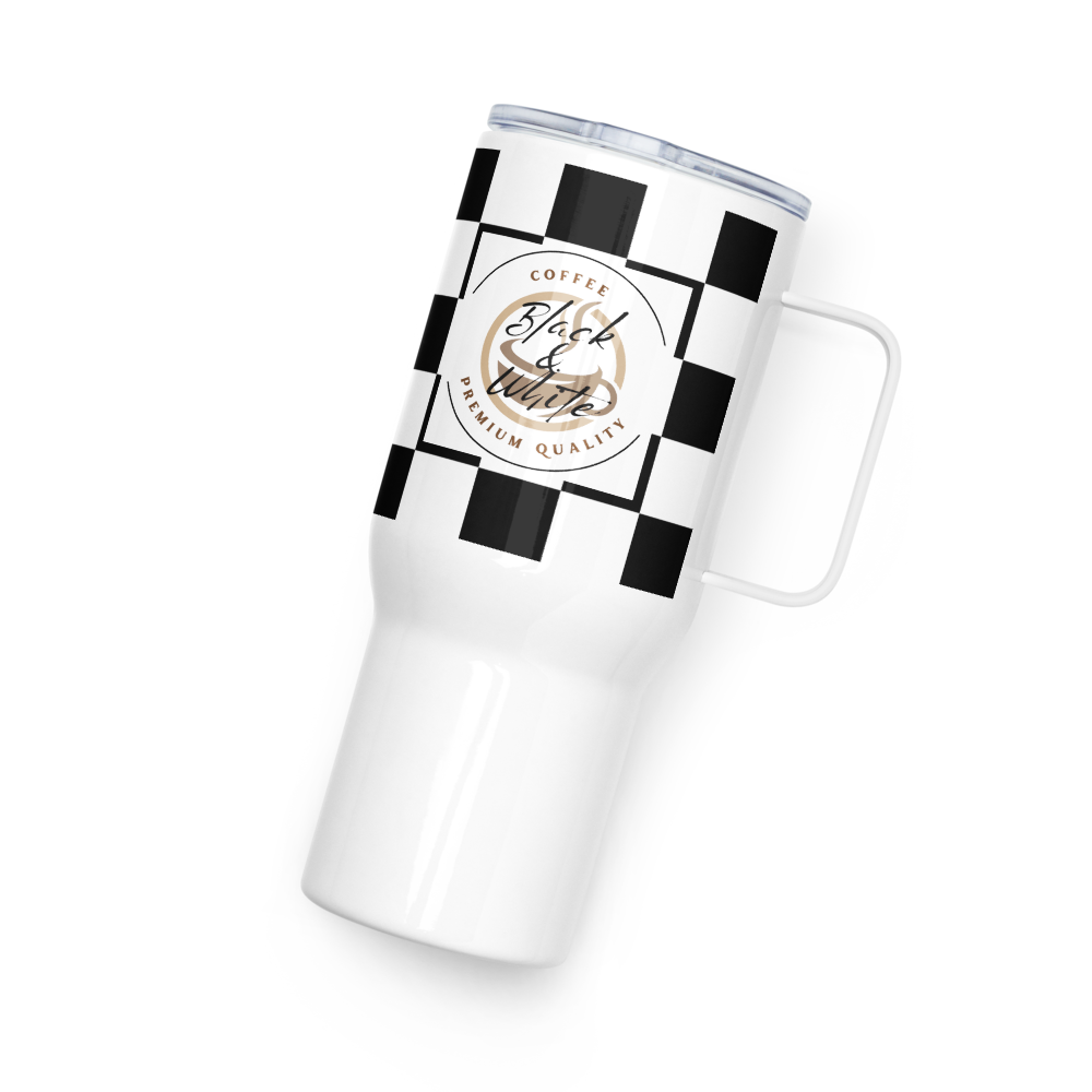 Black and White Travel Coffee Mug with Handle – Insulated Reusable Tumbler for Hot and Cold Drinks