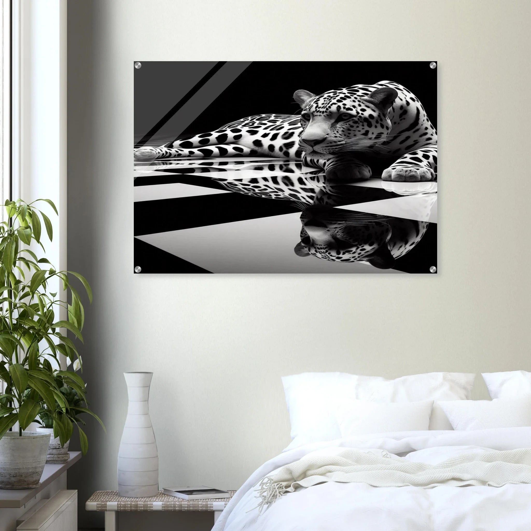 Leopard Acrylic Print on Black and White Checkered Floor – Glossy Finish Wall Art - Print Material -