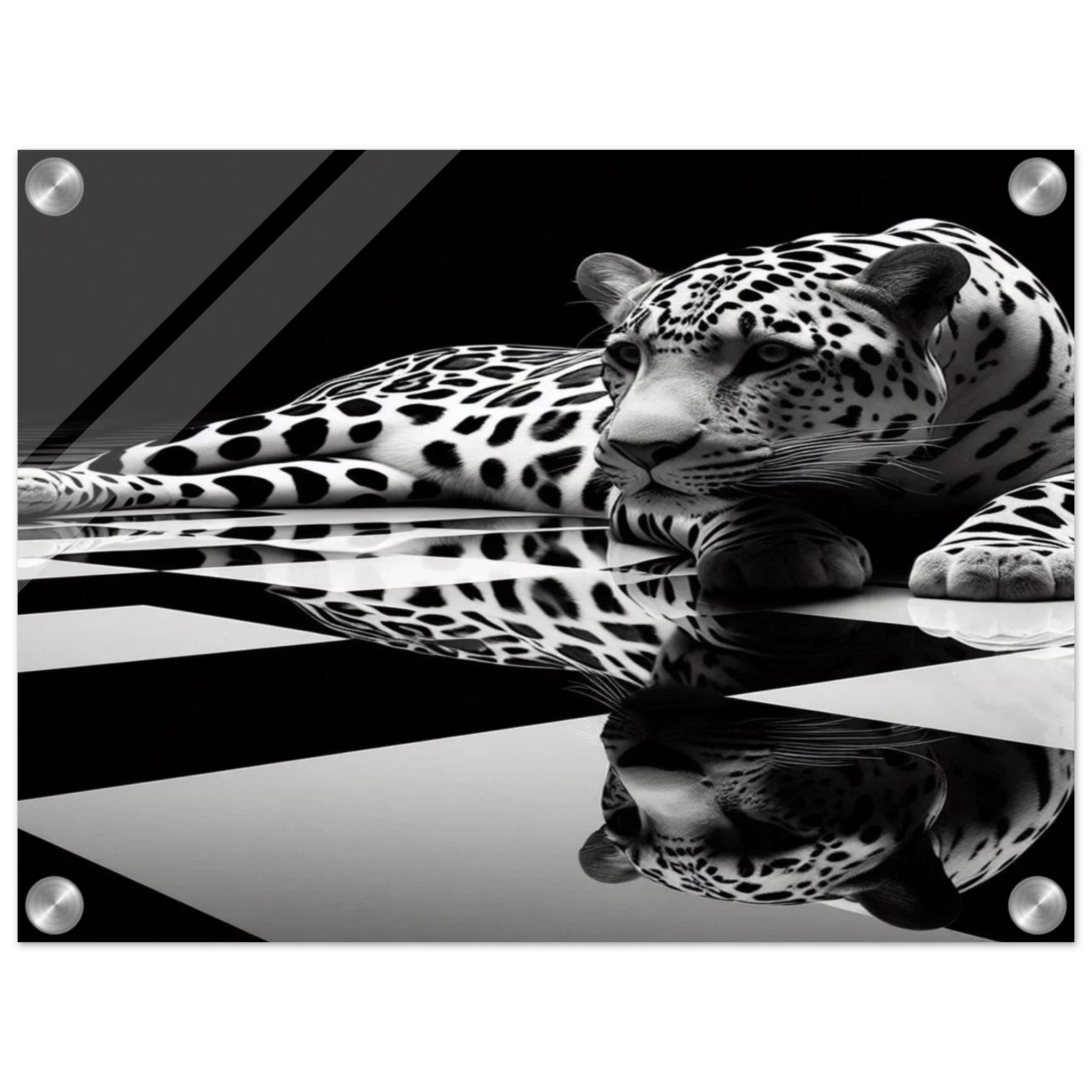 Leopard Acrylic Print on Black and White Checkered Floor – Glossy Finish Wall Art - Print Material -