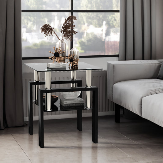 1-Piece Modern Tempered Glass Tea Table Coffee Table End Table, Square Table for Living Room, Black